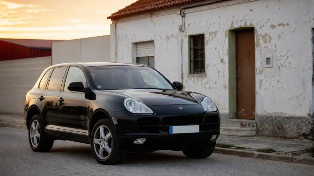 Porsche Cayenne negro frente a una vivienda modesta