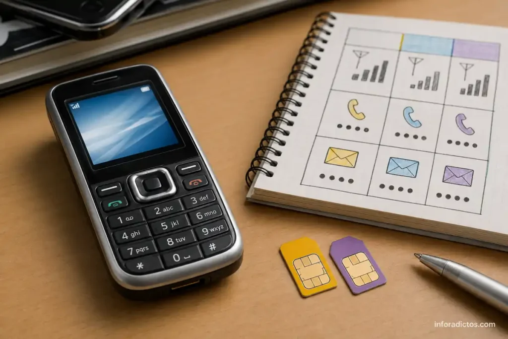 Teléfono móvil de 2008 con dos tarjetas SIM y una comparativa de operadoras