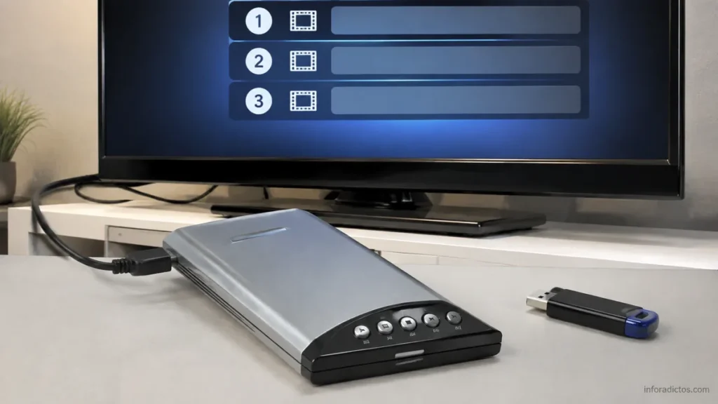 Disco duro multimedia mostrando episodios ordenados en un reproductor DivX