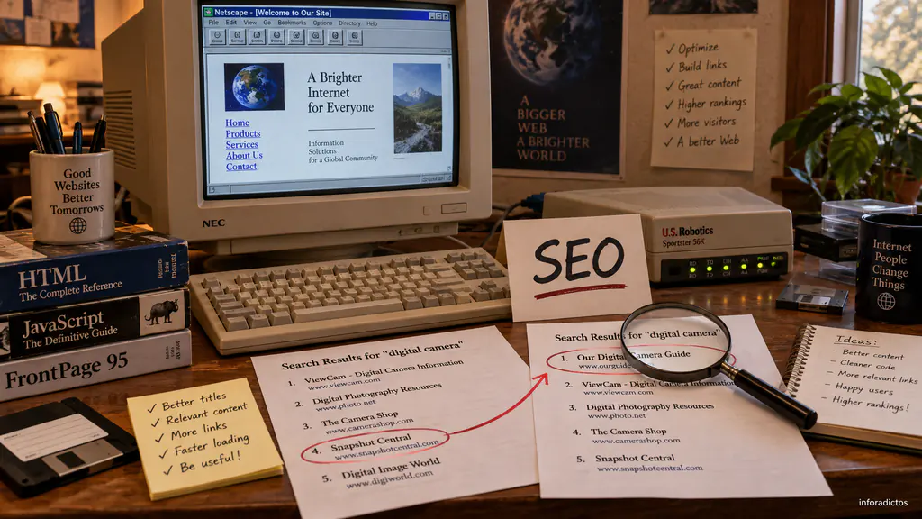Origen del término SEO Ordenador de los años noventa con una web, resultados de búsqueda y las siglas SEO
