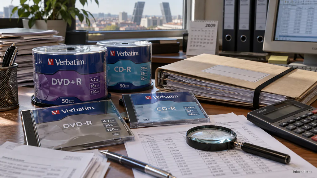 CD y DVD Verbatim junto a facturas y documentos de una investigación fiscal