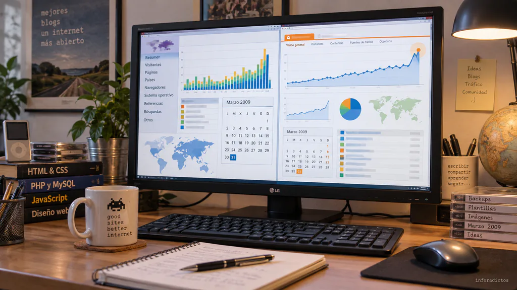 Monitor con estadísticas web y gráficos de visitas de marzo de 2009