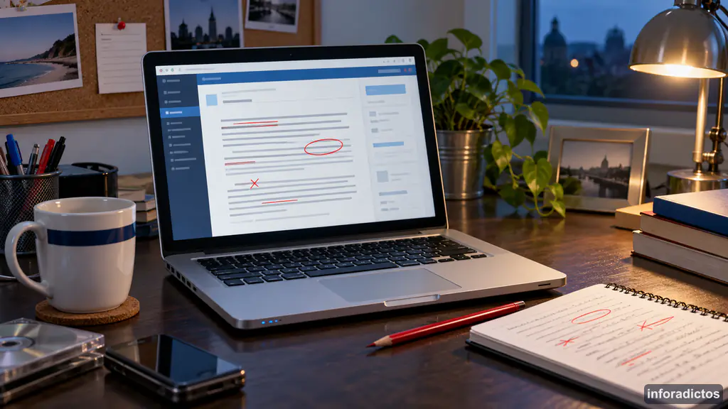 Portátil con un editor de blog y marcas de corrección ortográfica