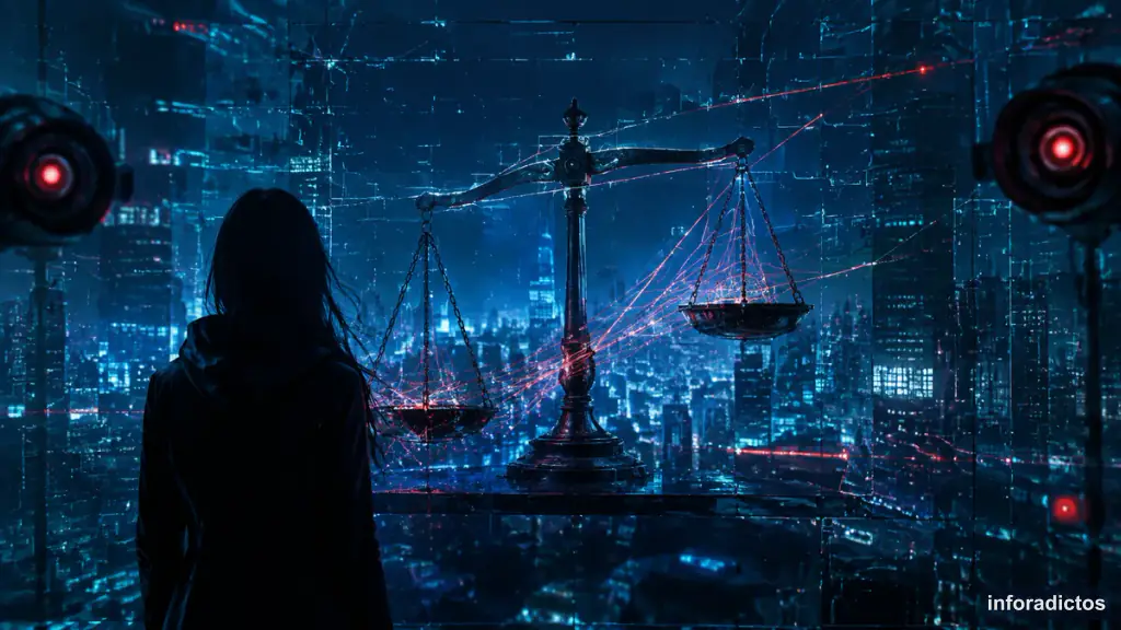 Silueta ante una balanza desequilibrada en una ciudad futurista vigilada