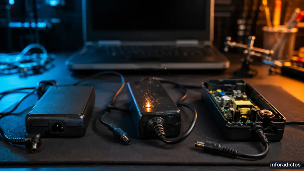 Tres cargadores de portátil averiados sobre una mesa de reparación tecnológica