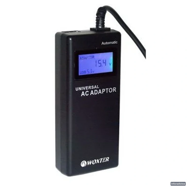 Cargador universal Woxter con pantalla LCD Cargador universal Woxter para portátiles con pantalla LCD y salida USB