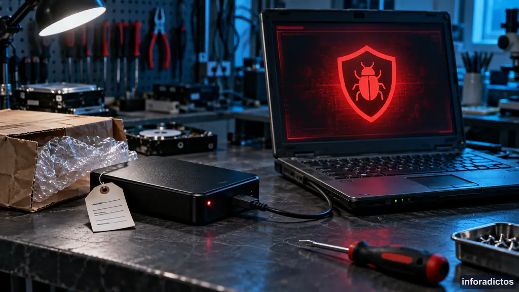 Disco duro externo conectado a un portátil que detecta malware tras una reparación