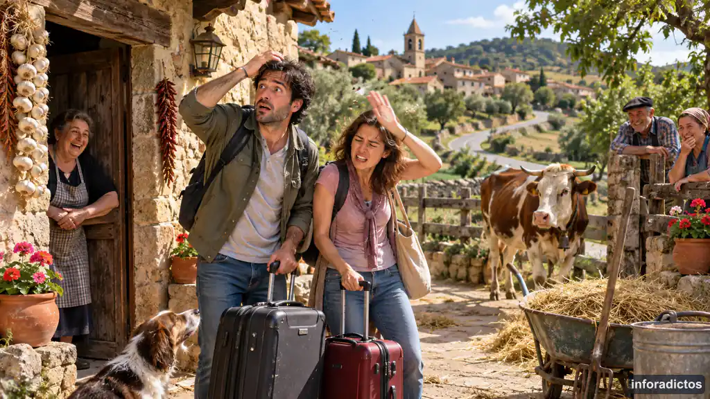 Pareja de ciudad que llega a una casa de turismo rural entre mosquitos y labores del campo