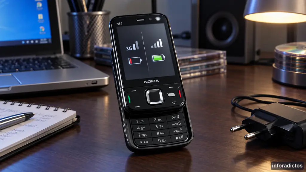 Nokia N85 con la conexión 3G activa y el indicador de batería casi agotado