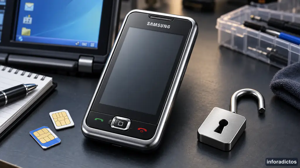 Samsung Omnia i900 junto a dos tarjetas SIM y un candado abierto