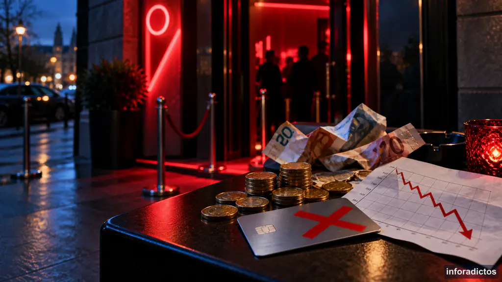 Club nocturno con euros, una tarjeta rechazada y una gráfica económica descendente