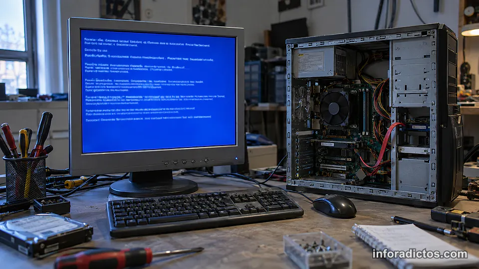 Pantalla azul de la muerte en un PC Pantalla azul de la muerte en un ordenador con la caja abierta