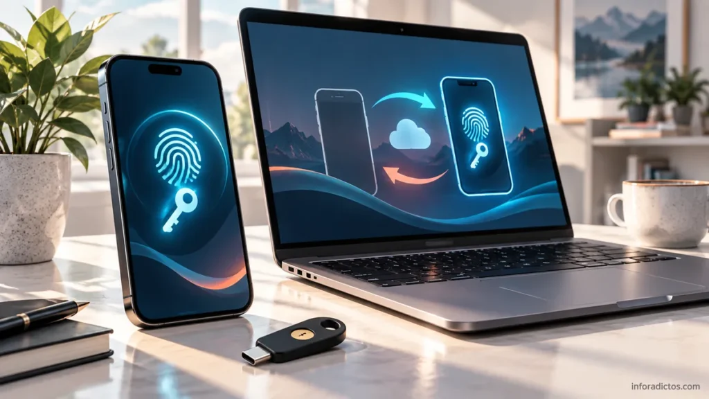Ilustración de un móvil, un portátil y una llave de seguridad para acceder con passkeys.