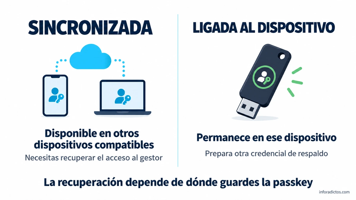 Passkeys sincronizadas: disponibles en dispositivos compatibles; passkeys ligadas al dispositivo: requieren otra credencial si se pierde.