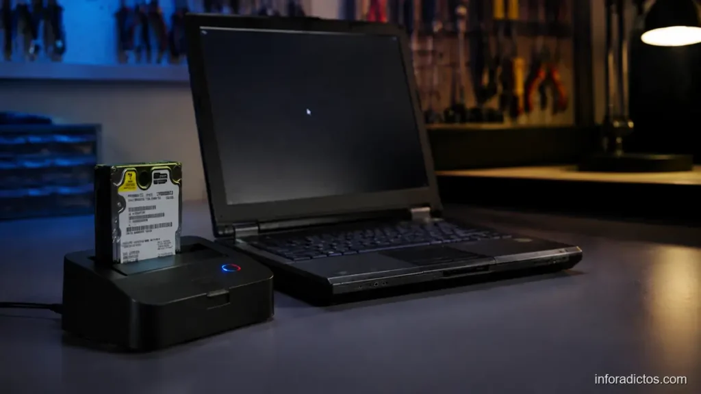 Portátil con pantalla negra y disco duro conectado a una base Sharkoon