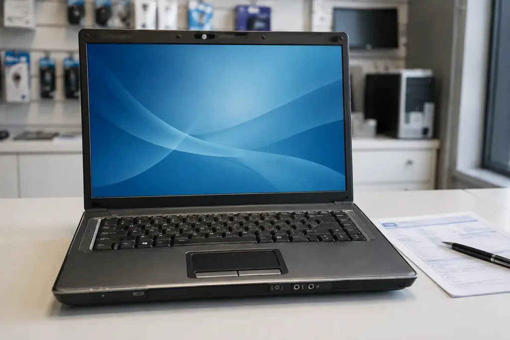 Portátil Compaq de la promoción de Banesto junto a documentación bancaria