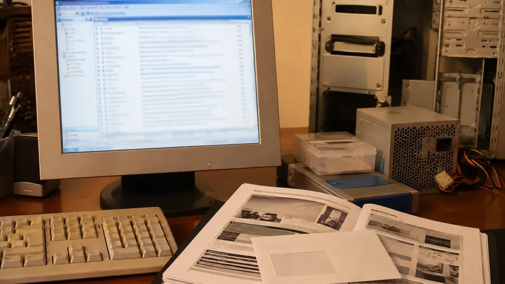 Correo y dossier de prensa en un escritorio tecnológico de 2008