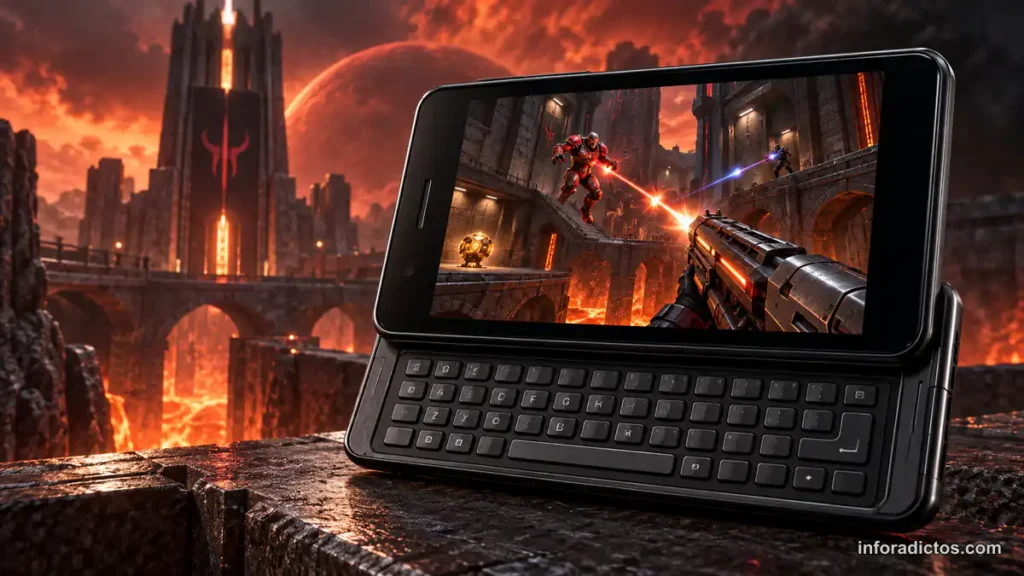 Ilustración de un Motorola Milestone ejecutando un juego de acción inspirado en Quake III