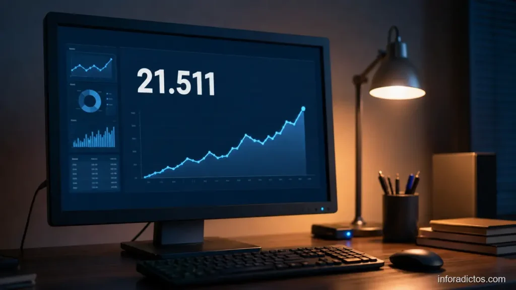 Monitor con una gráfica ascendente y 21.511 visitas de Inforadictos en mayo de 2009