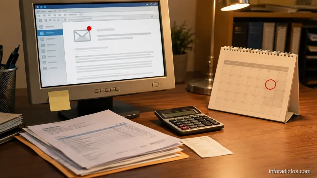 Correo de aviso junto a facturas, calendario y calculadora