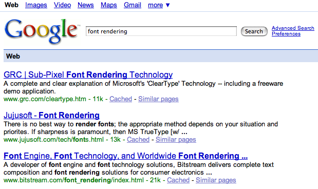 Renderizado de fuentes en Safari 3 Texto mostrado por Safari 3 en Mac OS X