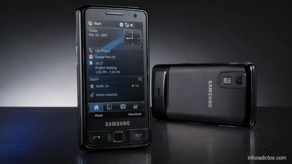 Samsung Omnia I8910 HD de frente y por detrás sobre una mesa oscura