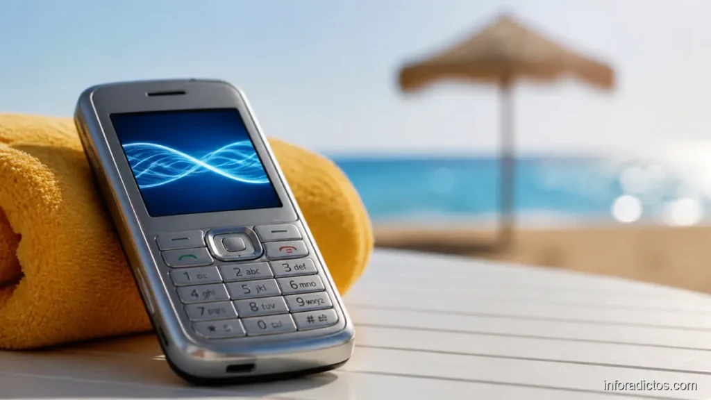 Teléfono móvil en la playa con ondas cruzadas que representan fallos de llamadas de Simyo