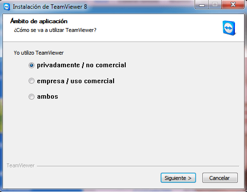 Pantalla de instalación de TeamViewer 8 con la opción de uso privado