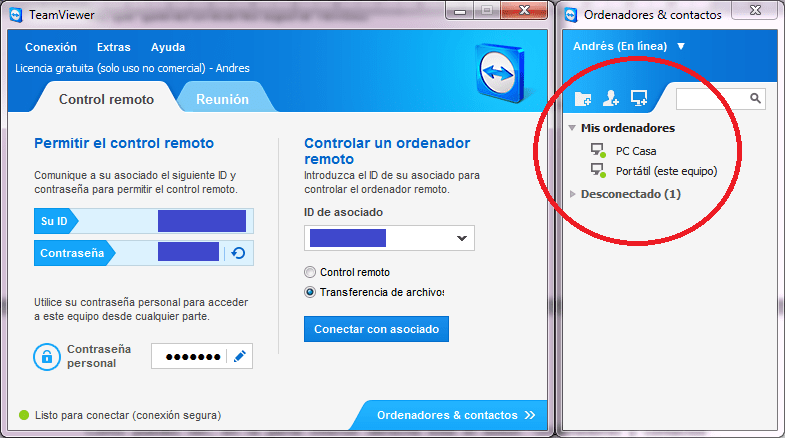 Lista de ordenadores y contactos disponibles en TeamViewer