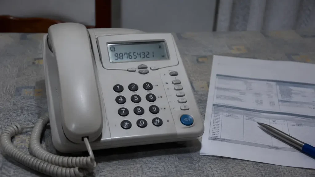 Teléfono fijo con pantalla de identificación de llamadas junto a una factura