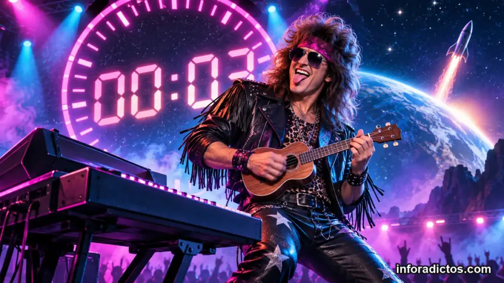 Rockero ochentero tocando un ukelele ante una cuenta atrás de neón