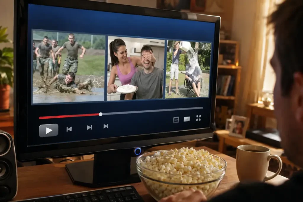 Monitor con tres vídeos divertidos y un cuenco de palomitas en una tarde de domingo