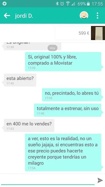Negociación de precio en Wallapop Conversación en Wallapop sobre el precio y el estado de un teléfono