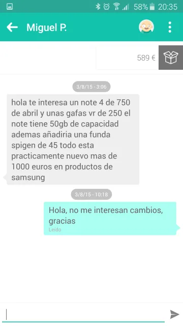 Propuesta de intercambio en Wallapop Propuesta de intercambio recibida en una conversación de Wallapop