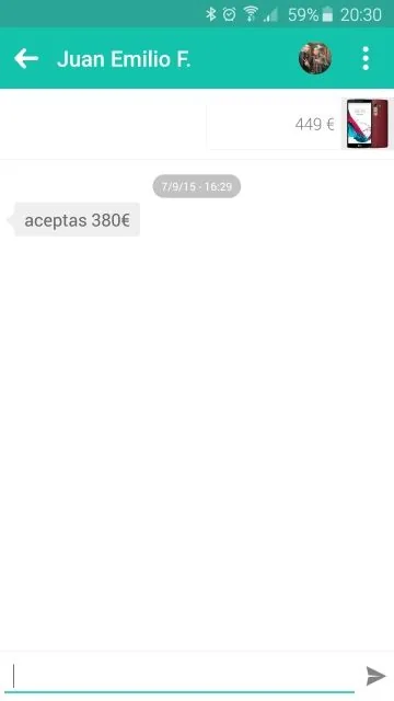 Negociación breve en Wallapop Oferta de 380 euros por un artículo anunciado a 449 euros
