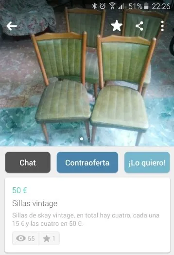 Sillas antiguas anunciadas en Wallapop Anuncio de Wallapop con una pareja de sillas antiguas