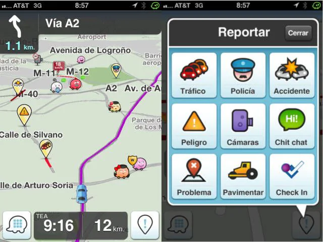 Navegación y menú de reporte de incidencias de Waze