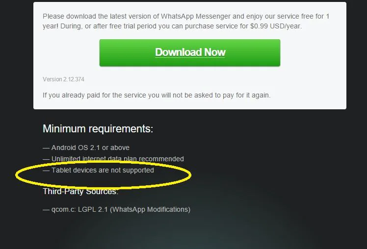 Aviso de incompatibilidad de WhatsApp en una tableta Aviso de WhatsApp indicando que una tableta no es compatible