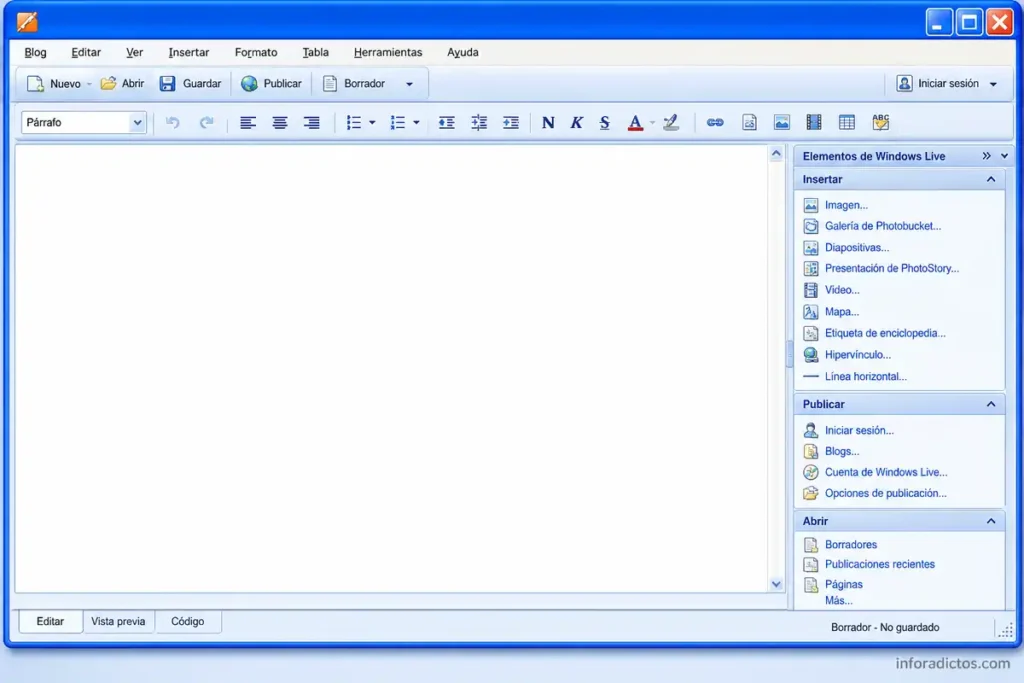 Interfaz ampliada de Windows Live Writer en un portátil