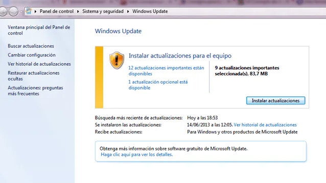 Pantalla de Windows Update con actualizaciones disponibles