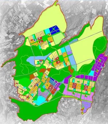 Mapa del plan urbano de Yachay con las distintas áreas representadas por colores